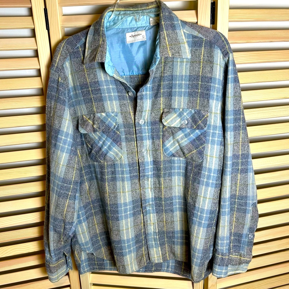 VINTAGE Arrow Wool-Blendl Plaid Button Front Shirt, Blue/Gray | Sz LG